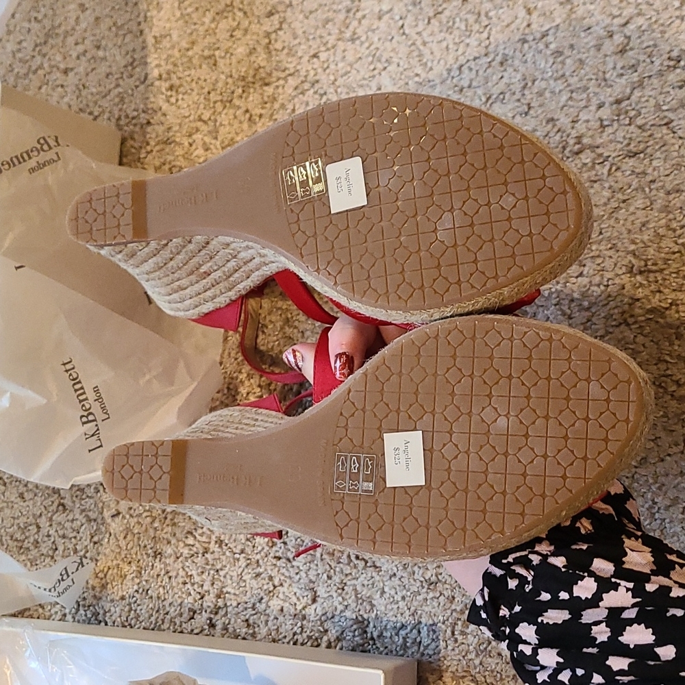 L.K. Bennett Angeline Red Satin Wedge Espadrilles - Picture 7 of 16